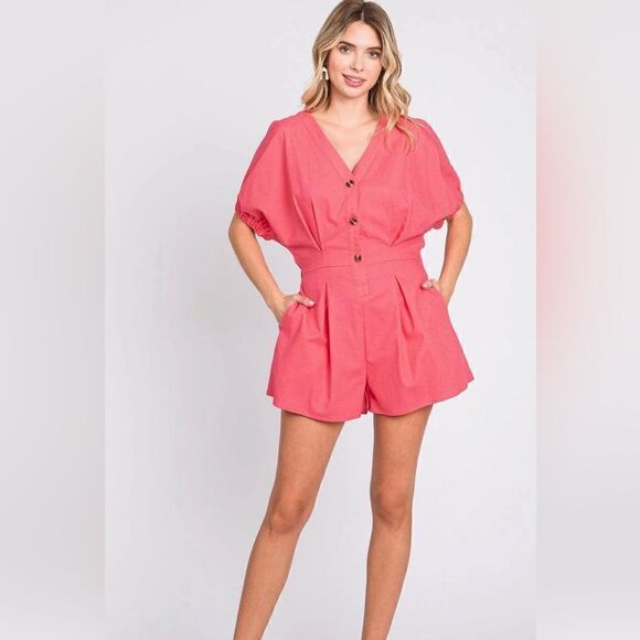 GeeGee Half Button V Neck Linen Romper Size M - Picture 1 of 5